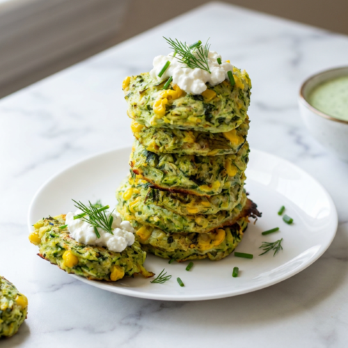 Plated high protein zucchini fritters, golden-brown and crispy, served with a creamy Greek yogurt dip.