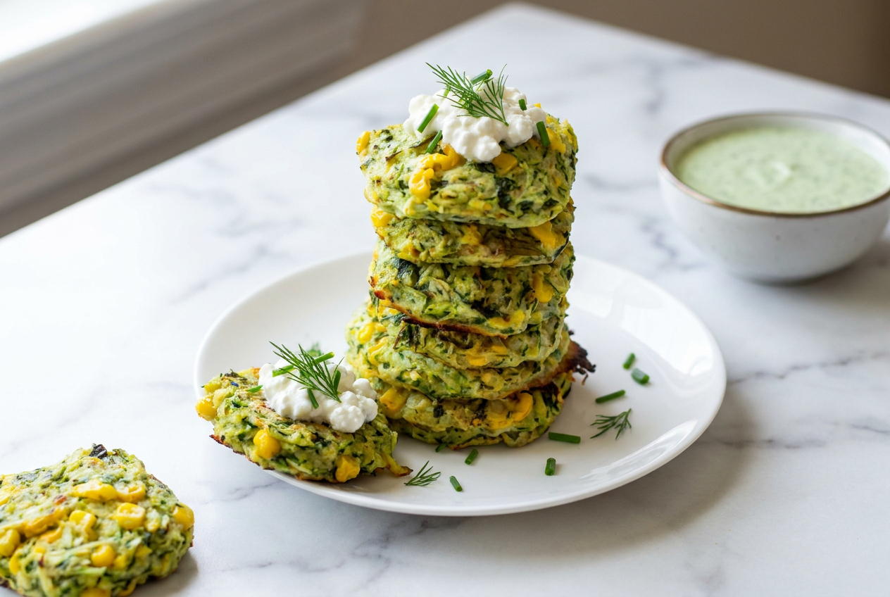 Plated high protein zucchini fritters, golden-brown and crispy, served with a creamy Greek yogurt dip.