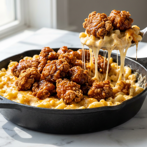 A cast iron skillet of baked honey bbq chicken mac and cheese, topped with crispy double-dredged fried chicken pieces and a drizzle of bbq sauce.