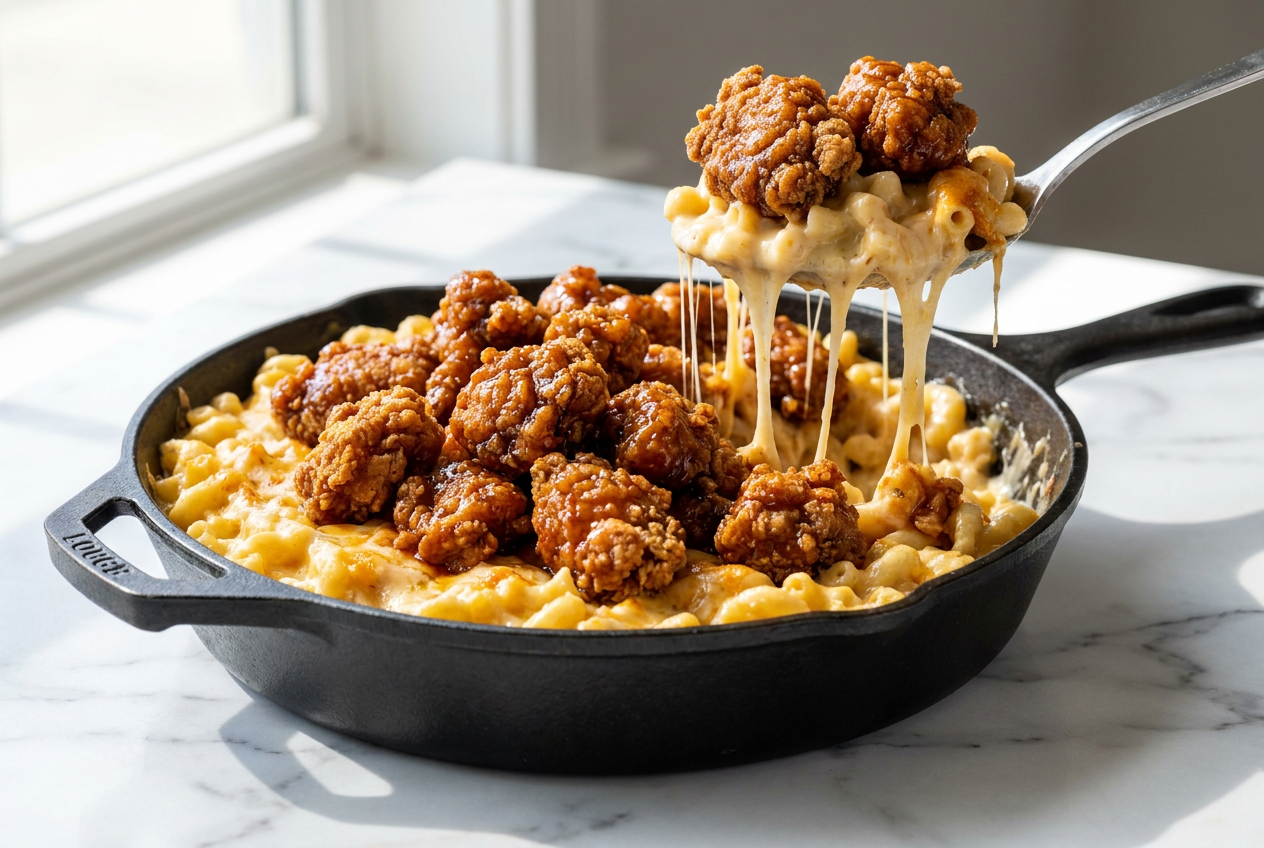 A cast iron skillet of baked honey bbq chicken mac and cheese, topped with crispy double-dredged fried chicken pieces and a drizzle of bbq sauce.