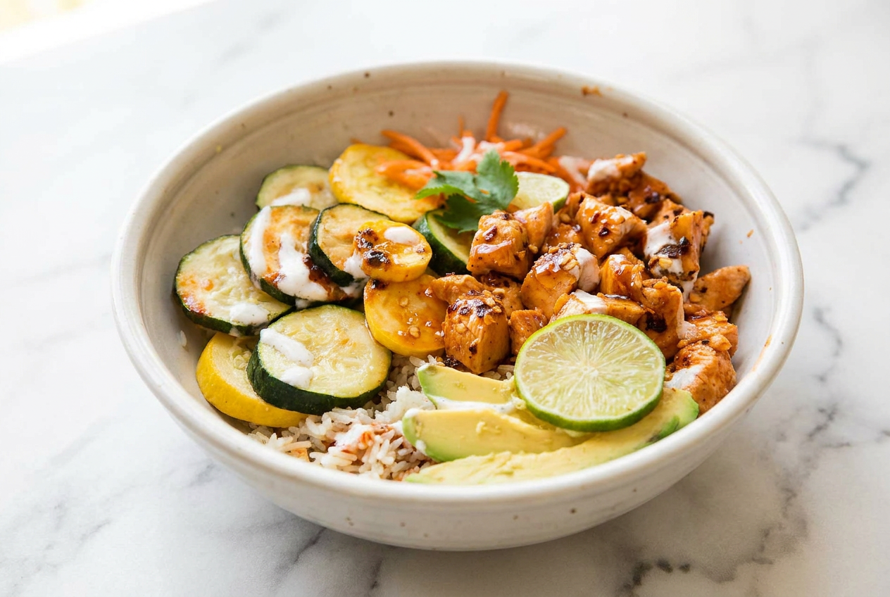 A close-up of hot honey chicken and rice bowls, topped with caramelized chicken, sliced avocado, and fresh zucchini, all drizzled with a glossy sauce.