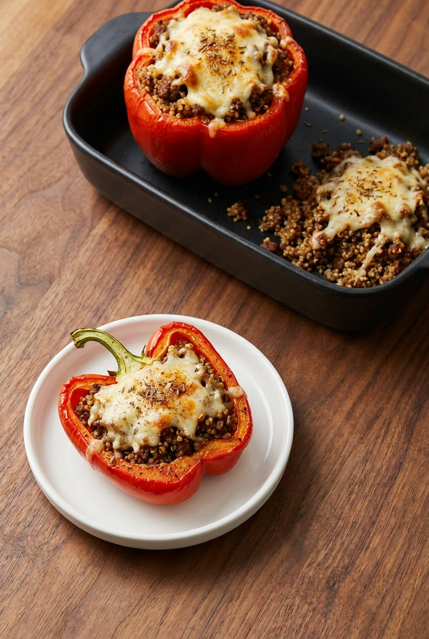Halved bell peppers filled with the ground beef mixture, arranged snugly in a 9x13 baking dish before going into the oven.