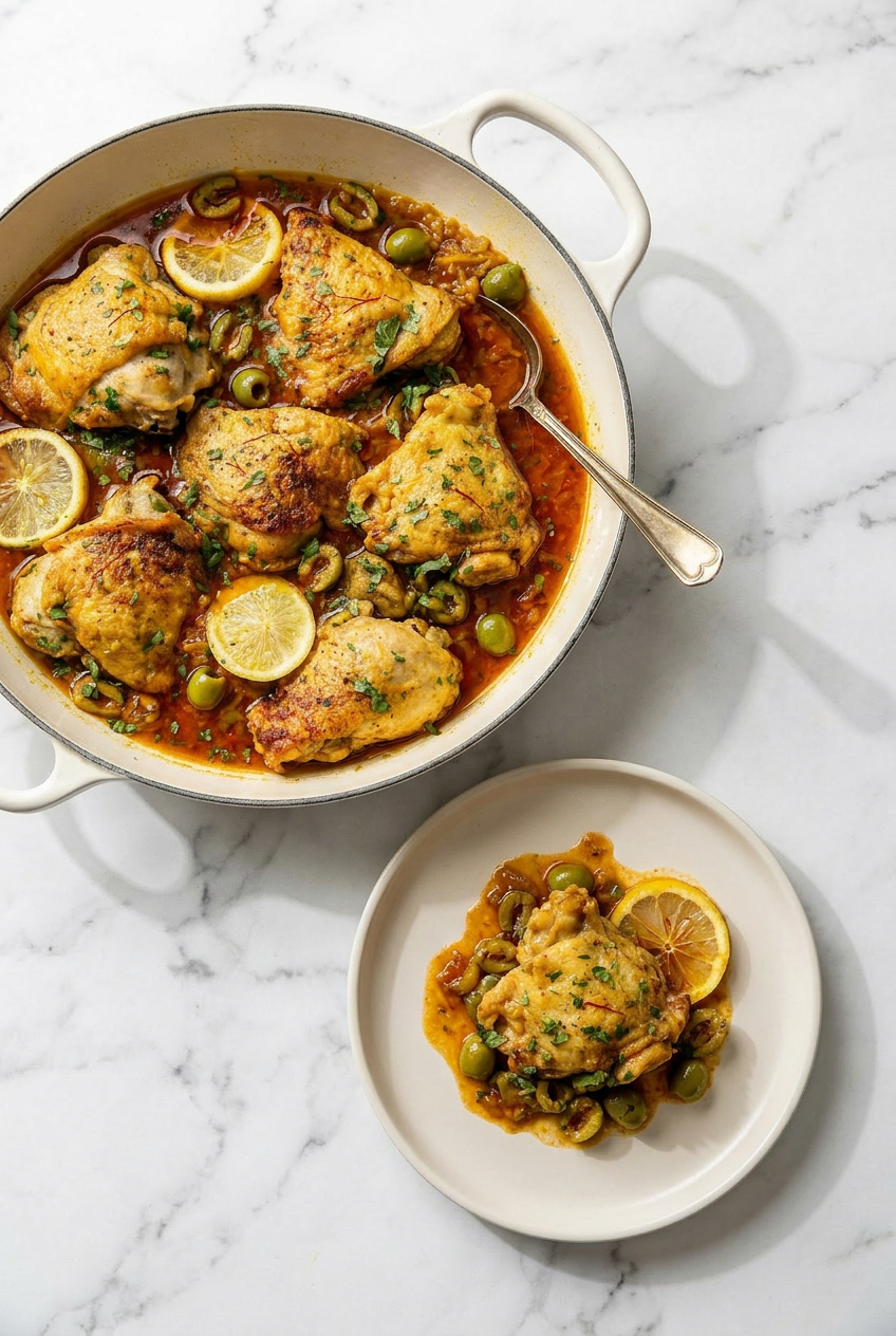 A serving of Moroccan braised chicken spooned over fluffy couscous in a ceramic bowl, garnished with fresh herbs.