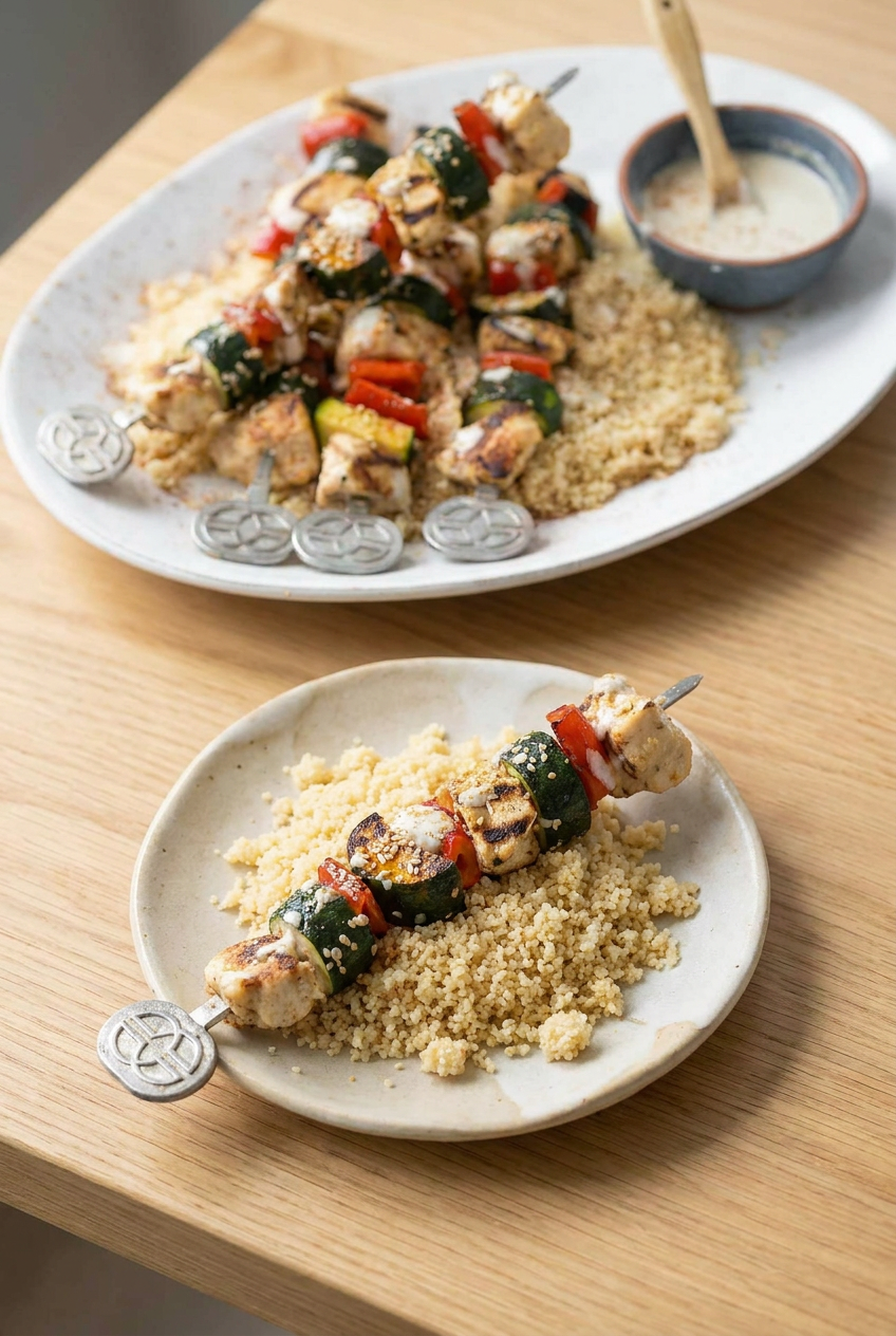 Two tahini chicken skewers served over a bed of fluffy couscous on a white plate, ready for a healthy meal.