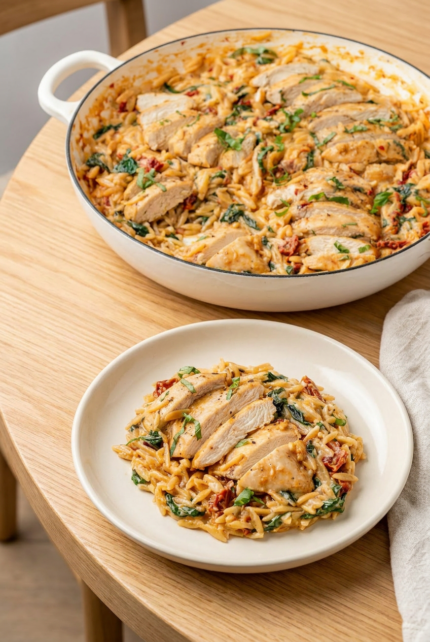A single serving of creamy tuscan chicken orzo in a shallow white bowl, garnished with a sprig of fresh basil.