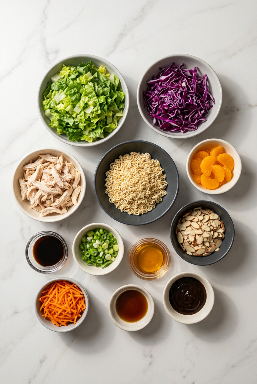 Ingredients for mandarin chicken salad laid out on a surface, including a head of romaine lettuce, shredded rotisserie chicken, a can of mandarin oranges, sliced almonds, and a block of uncooked ramen noodles.