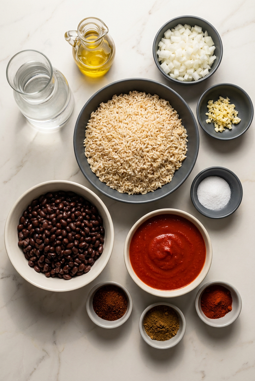 Ingredients for a taco rice bowl with black beans and avocado laid out, including jasmine brown rice, an avocado, canned black beans, an onion, garlic, and spices.