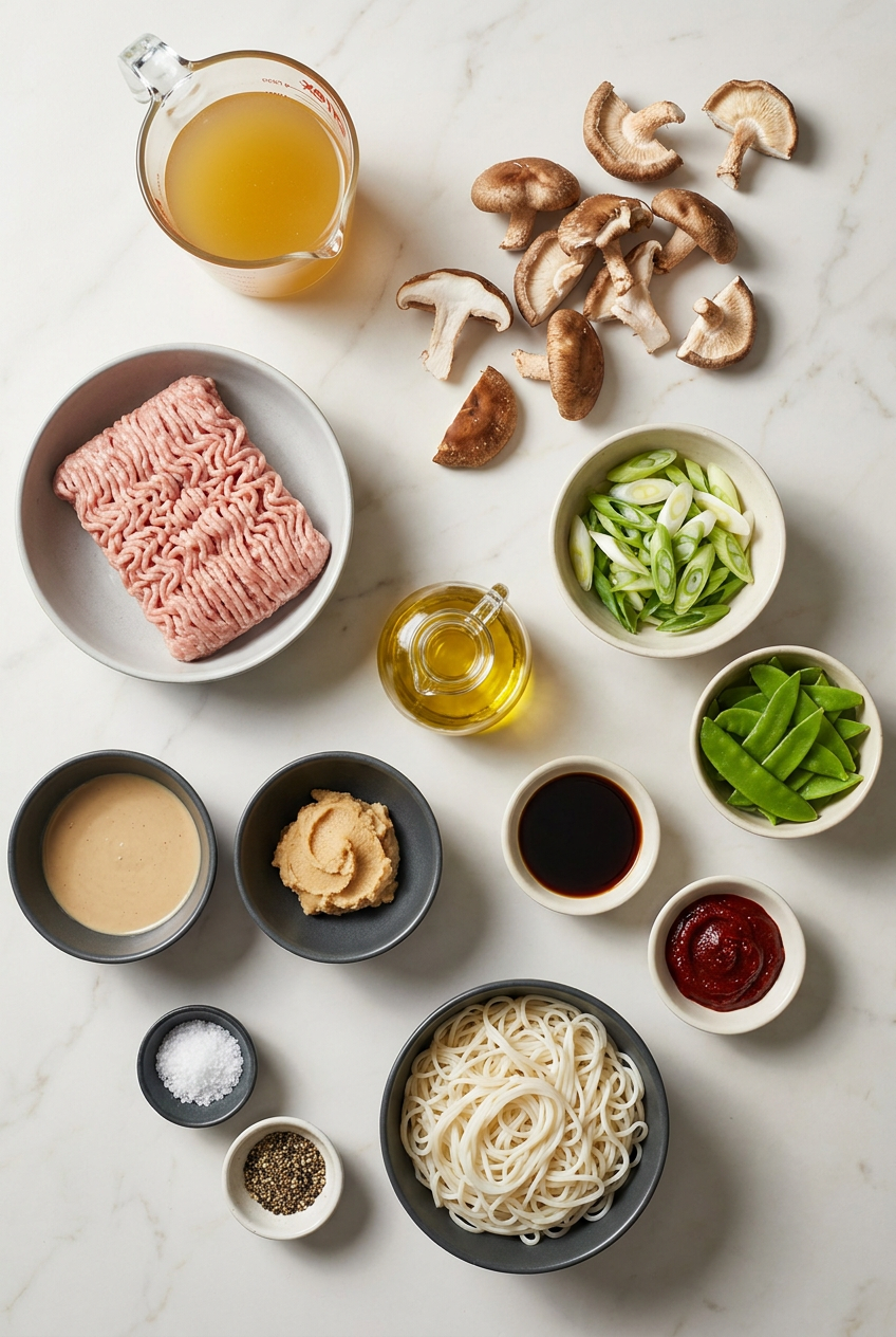 Ingredients for tahini gochujang noodle broth with turkey, laid out on a flat surface, including turkey mince, gochujang paste, tahini, udon noodles, and shiitake mushrooms.