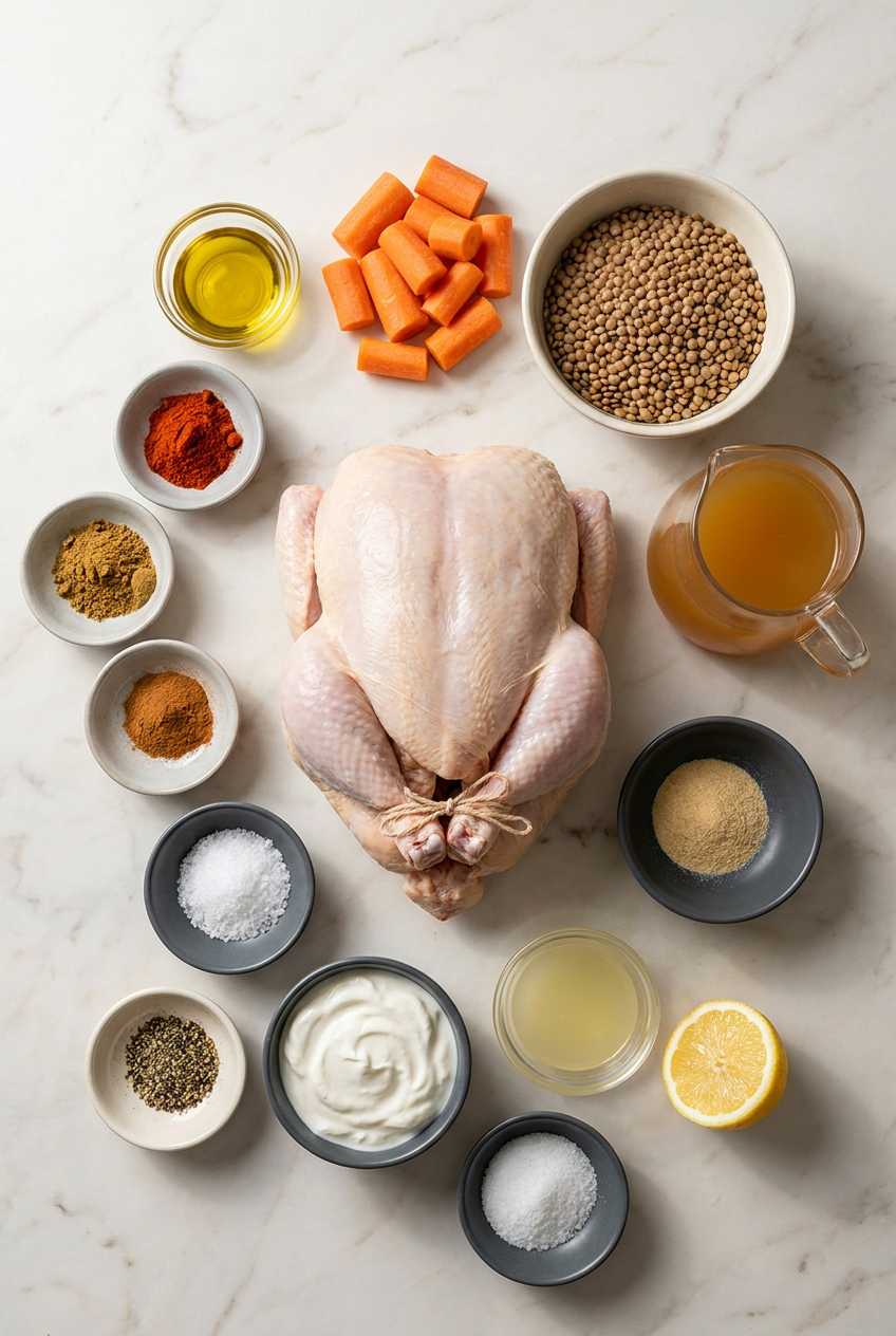 Ingredients for roast chicken and lentil salad laid out, including a whole raw chicken, dry brown lentils, paprika, cumin, and cinnamon.
