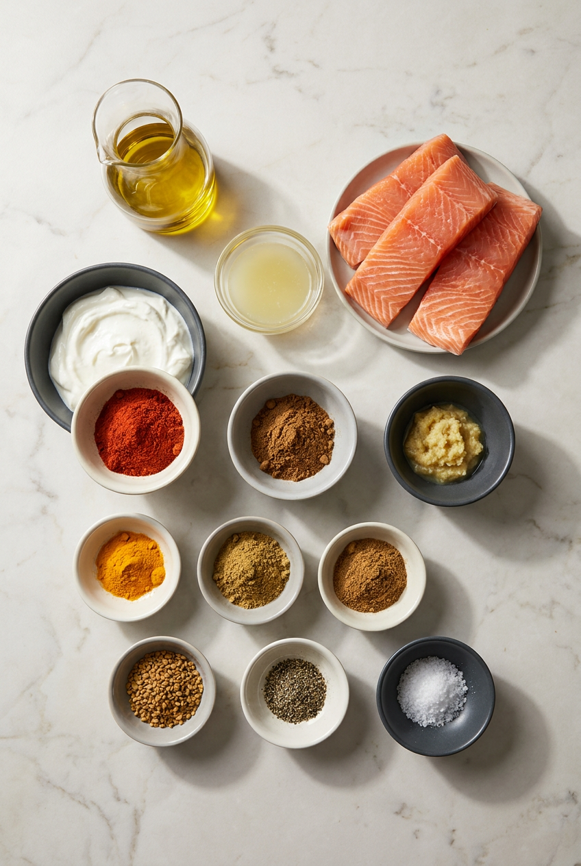 Raw ingredients for broiled fish tikka masala laid out, including fish fillets, Greek yogurt, tomato paste, soaked cashews, and spices.