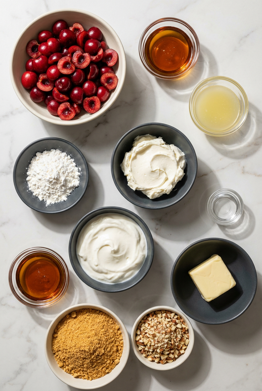 Top-down view of raw ingredients for cherry cheesecake jars, including cream cheese, fresh cherries, graham crackers, and almonds.