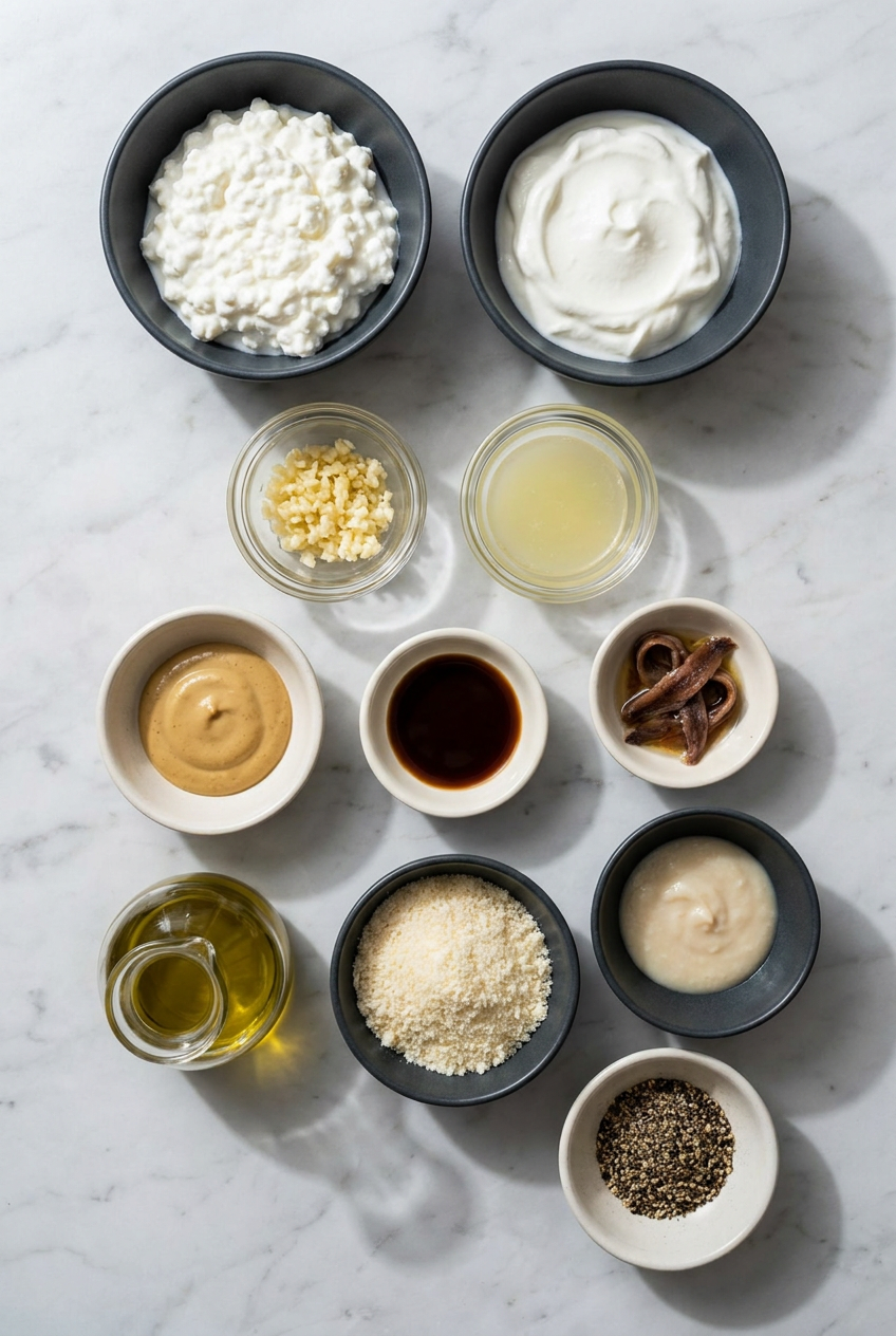 Top-down view of fresh ingredients for cottage cheese caesar dressing, including cottage cheese, Greek yogurt, Parmesan, and lightly toasted garlic.