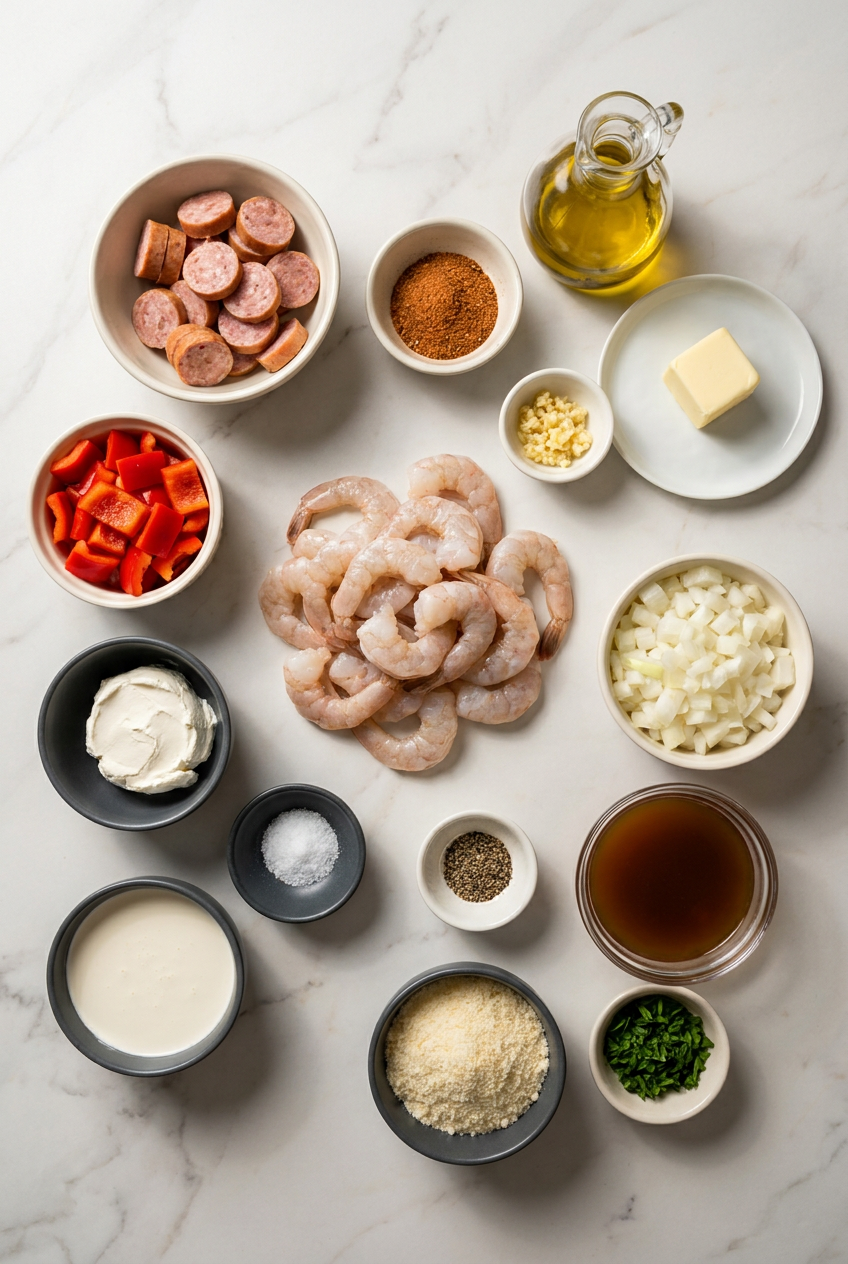 Overhead shot of raw ingredients for creamy spicy keto shrimp and sausage skillet, including raw shrimp, sliced sausage, bell peppers, cream cheese, and spices.