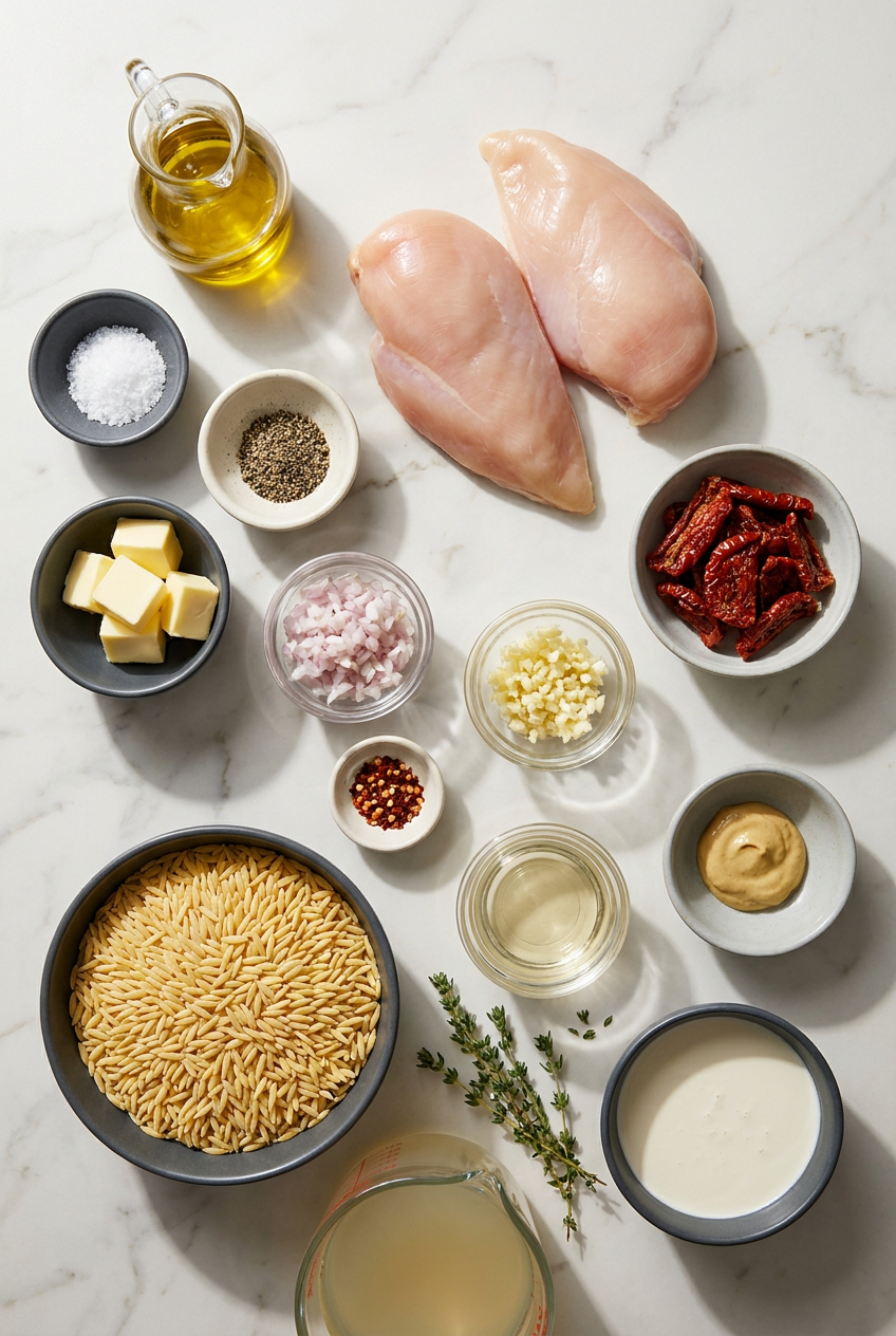 Raw ingredients for creamy tuscan chicken orzo laid out, including chicken breast, orzo pasta, fresh spinach, sun-dried tomatoes, and a block of parmesan cheese.