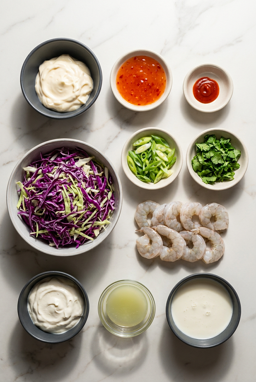 Raw ingredients for bang bang shrimp rice bowls, including shrimp, panko, cornstarch, buttermilk, sriracha, and mayonnaise, arranged on a surface.