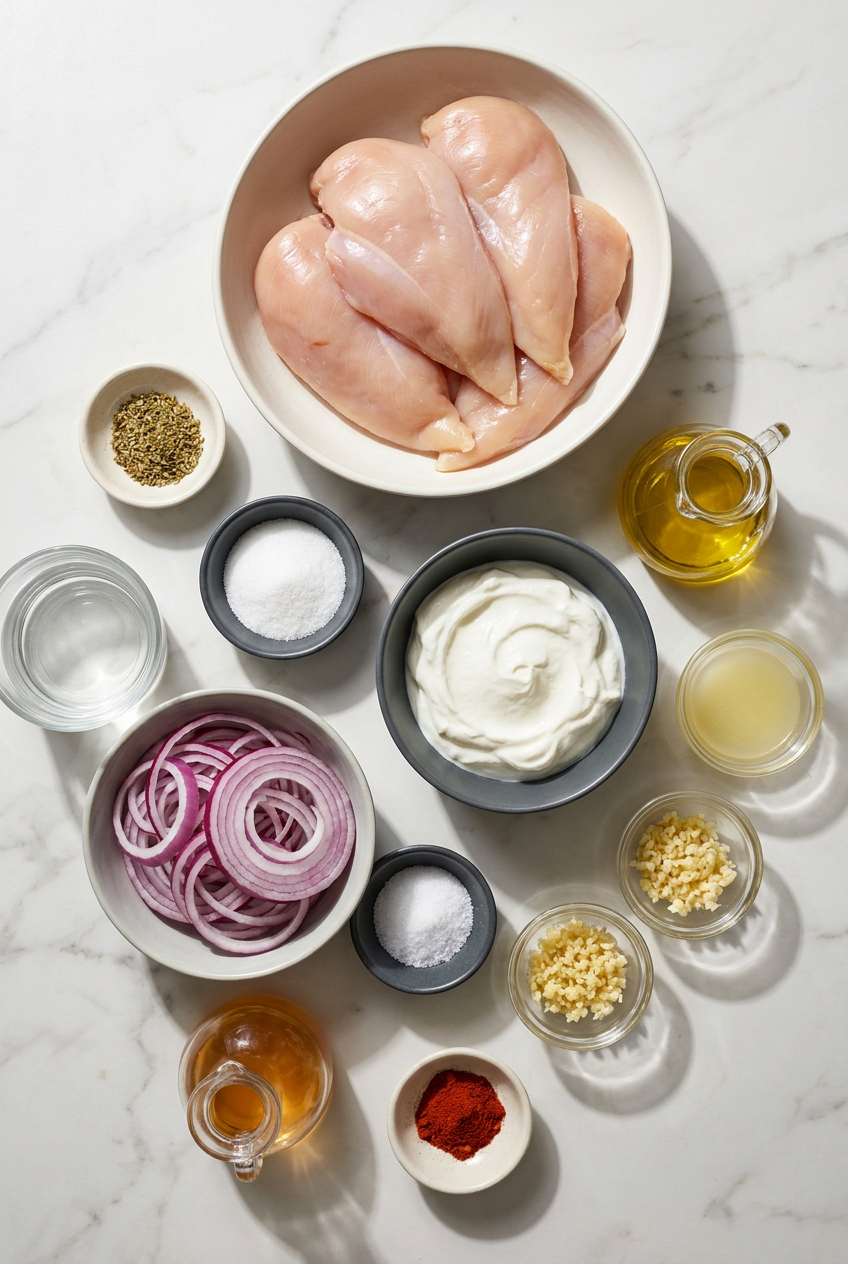 Ingredients for a Greek chicken couscous bowl, including raw chicken breast, pearl couscous, cucumber, tomatoes, feta, and a red onion for pickling.