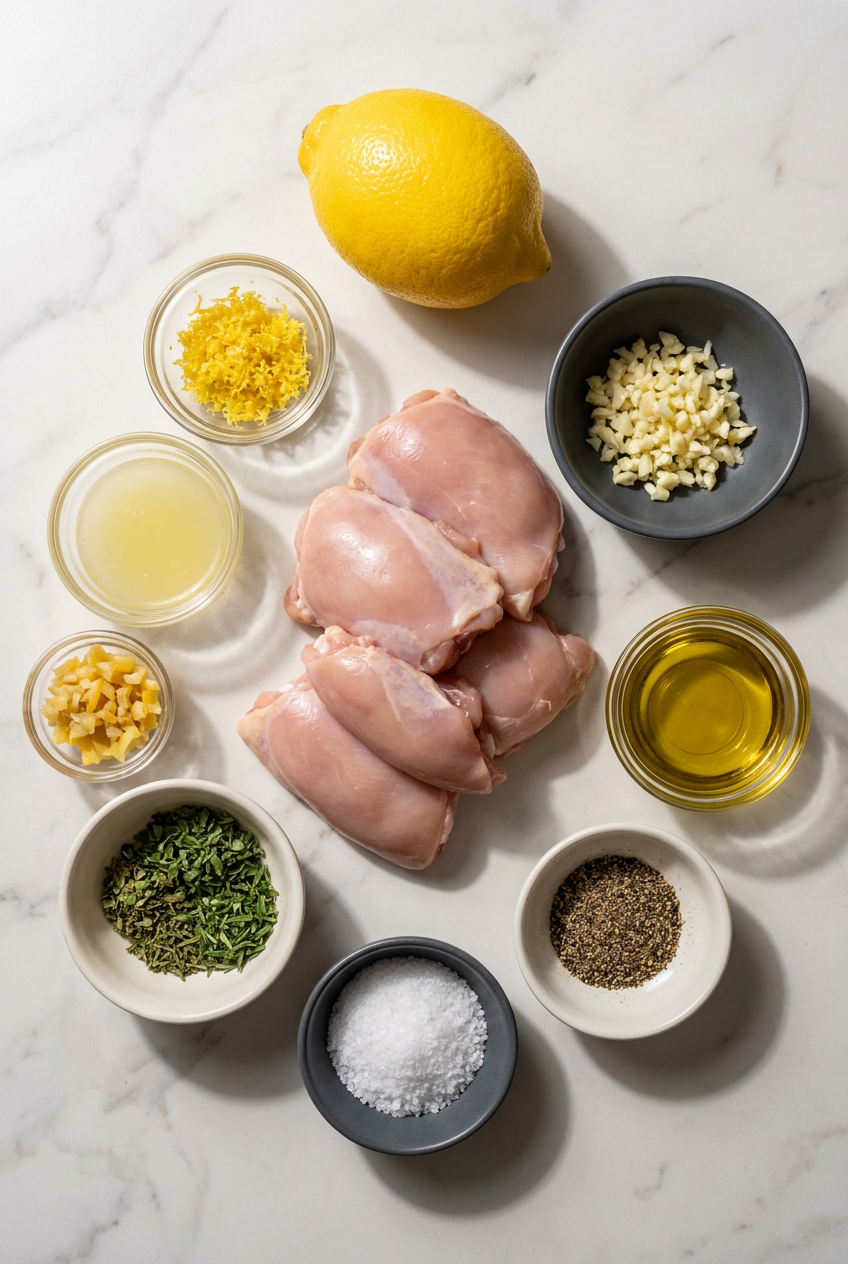 Raw ingredients for grilled lemon garlic chicken thighs including boneless skinless chicken, fresh lemons, garlic, olive oil, and preserved lemon rind.