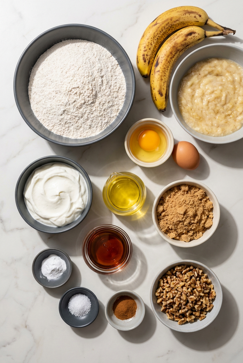 Ingredients for high protein banana muffins laid out, including overripe bananas, white whole wheat flour, Greek yogurt, and eggs.