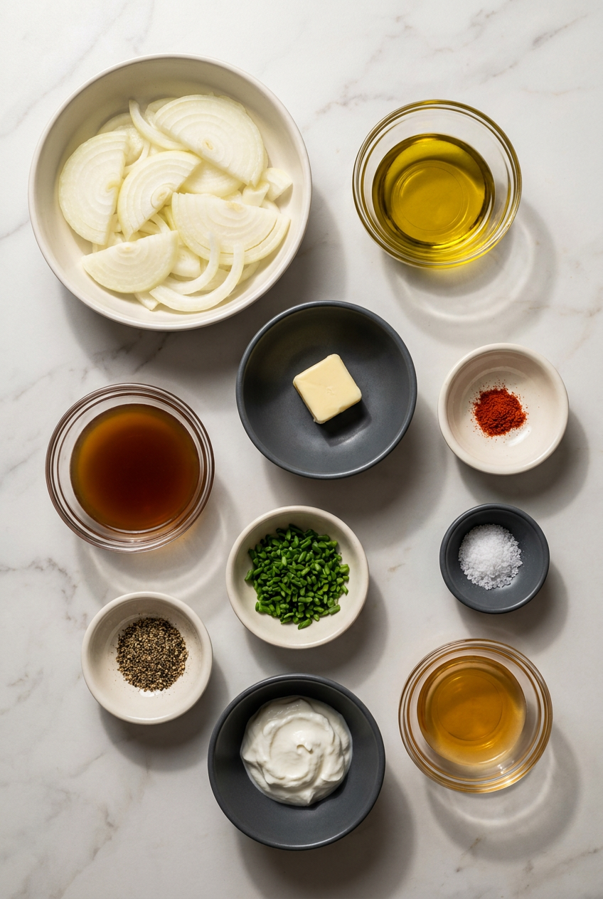Overhead view of raw ingredients for healthy greek yogurt onion dip: yellow onions, Greek yogurt, fresh chives, and spices on a wooden surface.