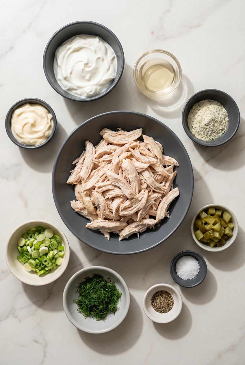 Ingredients for healthy ranch chicken salad laid out, including shredded rotisserie chicken, Greek yogurt, light mayo, scallions, and a small bowl of ranch seasoning.