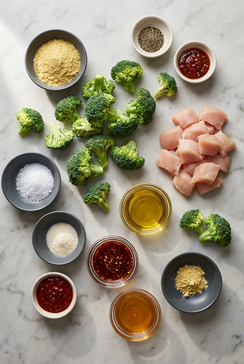 A top-down flat lay of ingredients for high protein air fryer broccoli, including fresh broccoli florets, nutritional yeast, avocado oil, and spices.