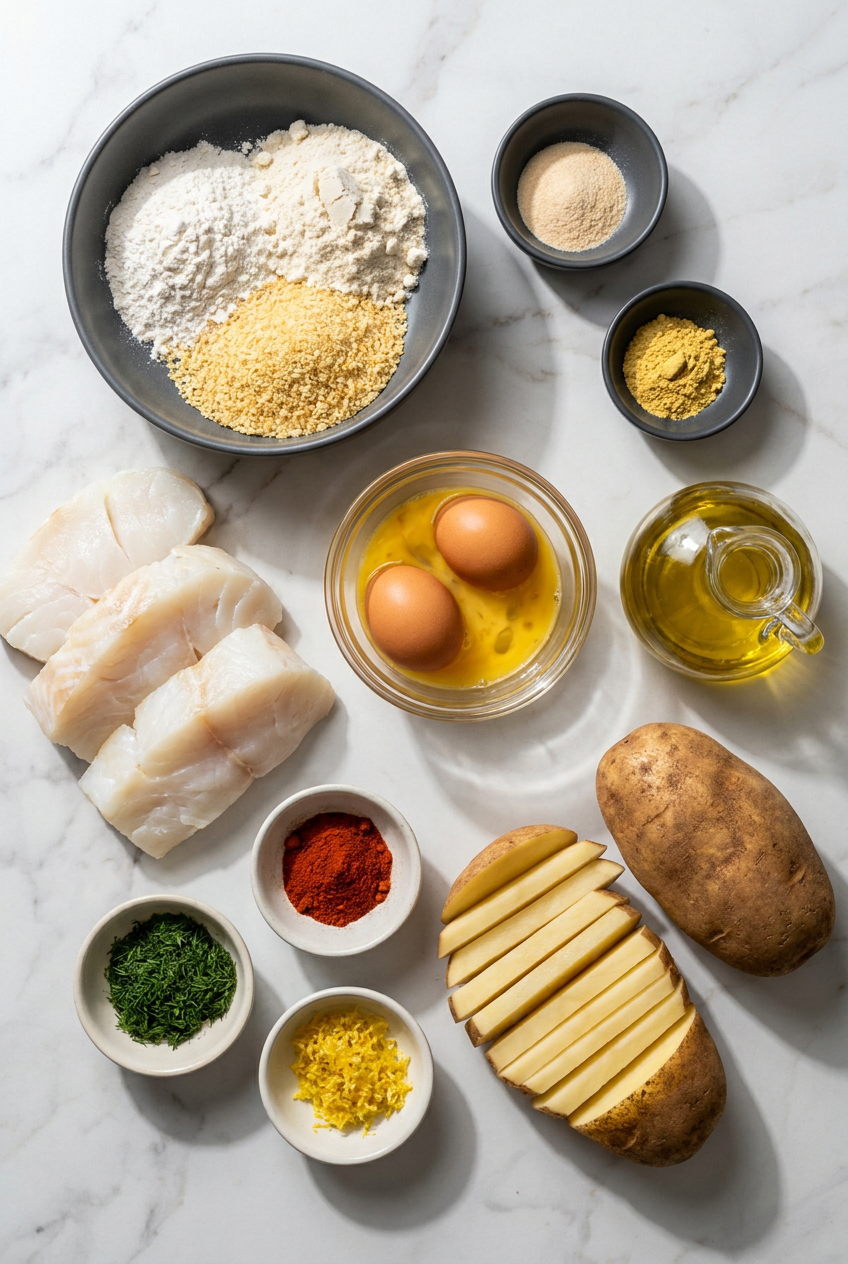 Overhead view of raw ingredients for high protein air fryer fish and chips, including cod fillets, russet potatoes, panko breadcrumbs, flour, whey protein powder, lemon, and fresh dill.