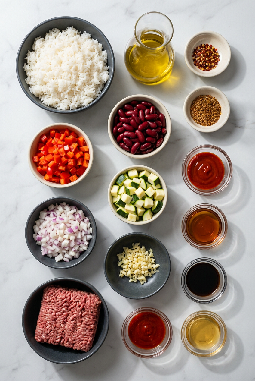 An overhead flat lay of raw ingredients for a high protein beef and pepper rice bowl, including ground beef, colorful bell peppers, rice, kidney beans, and bottles of tamari and sriracha.