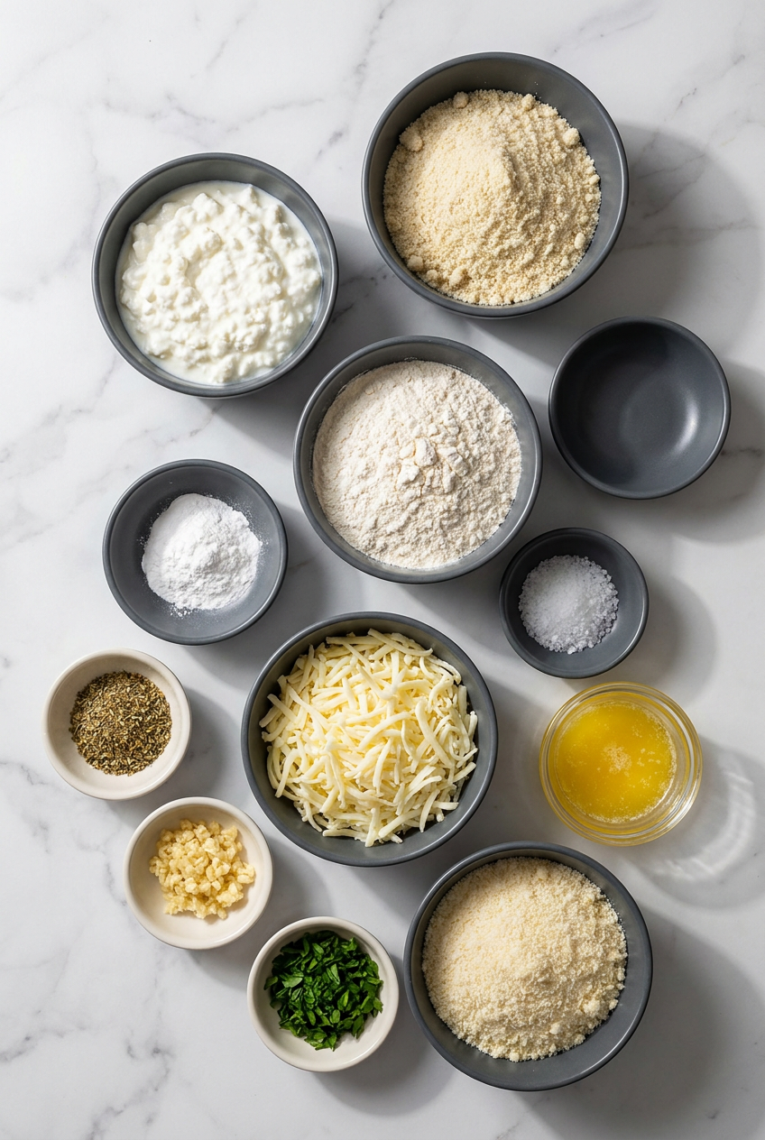 Flat lay of raw ingredients for high protein cheesy garlic breadsticks, including cottage cheese, shredded mozzarella, and almond flour.
