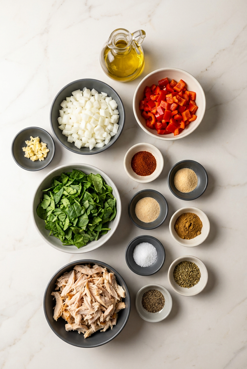 Ingredients for a high protein chicken burrito laid out, including large flour tortillas, shredded chicken, black beans, bell pepper, onion, and a block of Monterey Jack cheese.