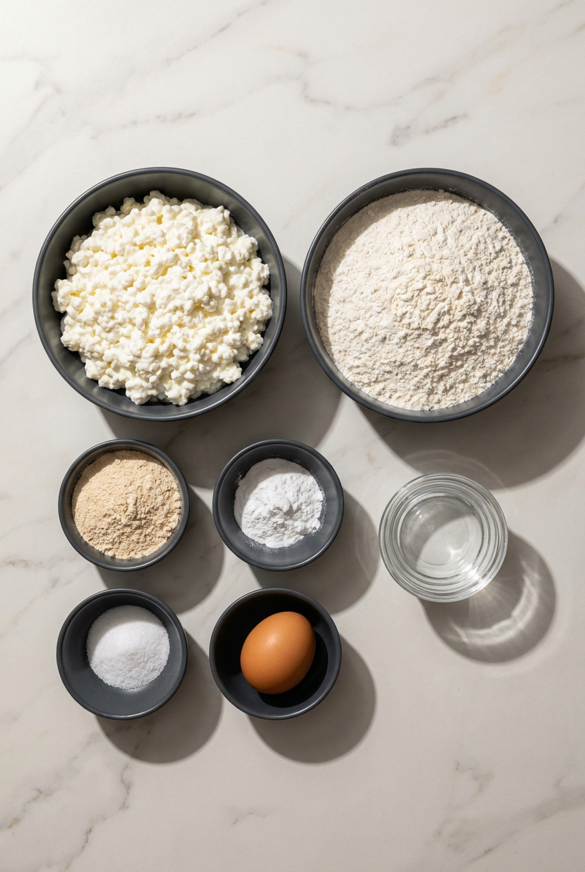 Ingredients for cottage cheese burger buns laid out on a clean surface, including cottage cheese, all-purpose flour, an egg, and vital wheat gluten.