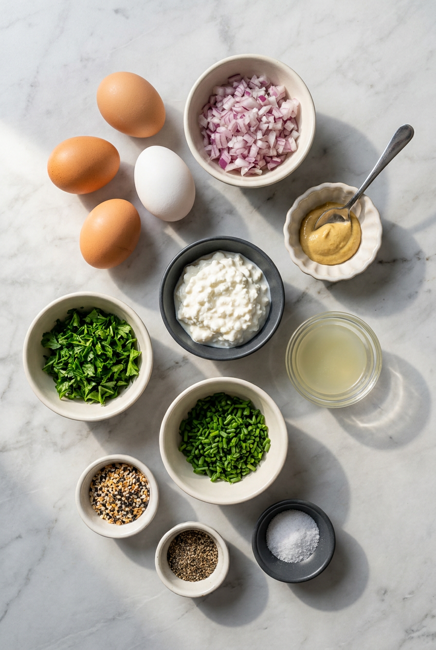 Flat lay of raw ingredients for high protein cottage cheese egg salad, including hard-boiled eggs, cottage cheese, fresh chives, red onion, and Dijon mustard.