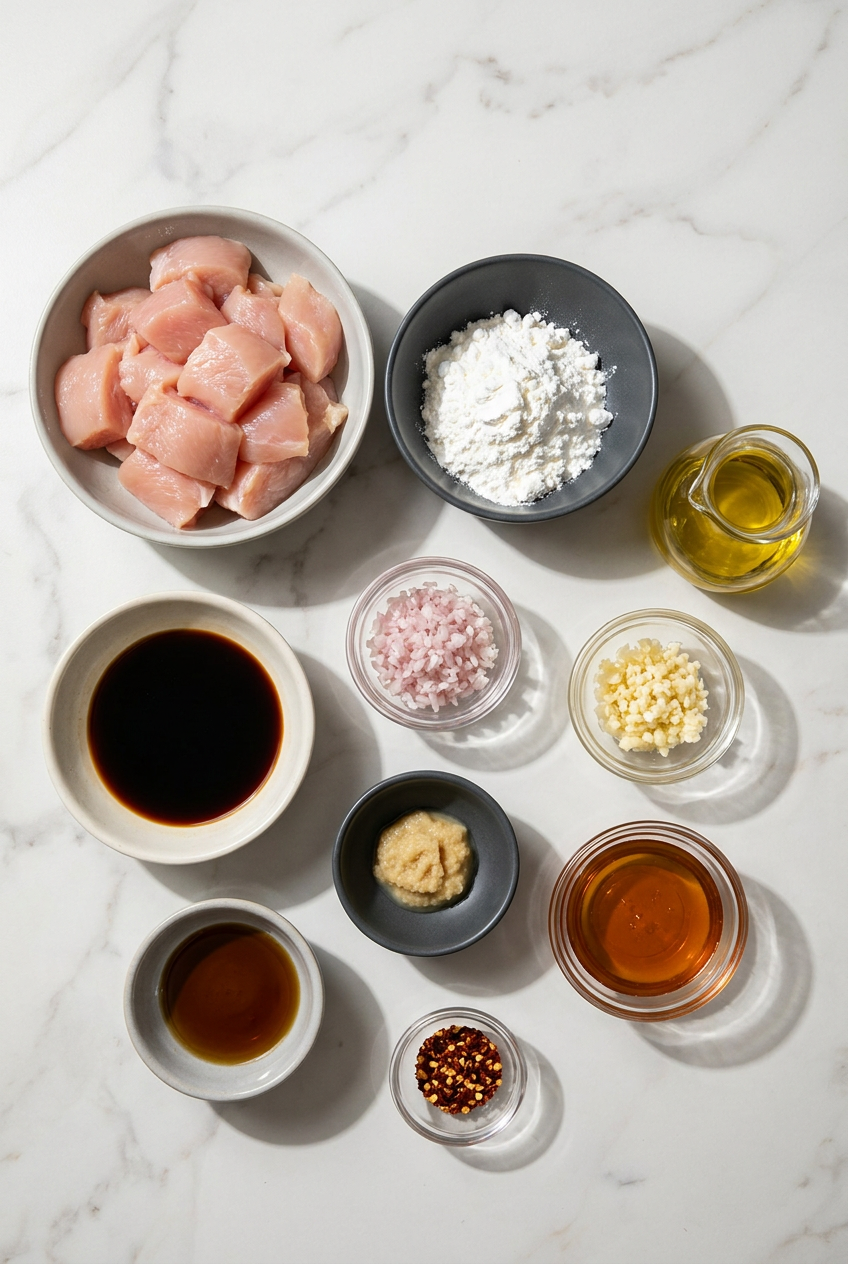 Raw ingredients for high protein mongolian chicken laid out, including sliced chicken breast, soy sauce, fresh ginger, garlic, and cornstarch for velveting.