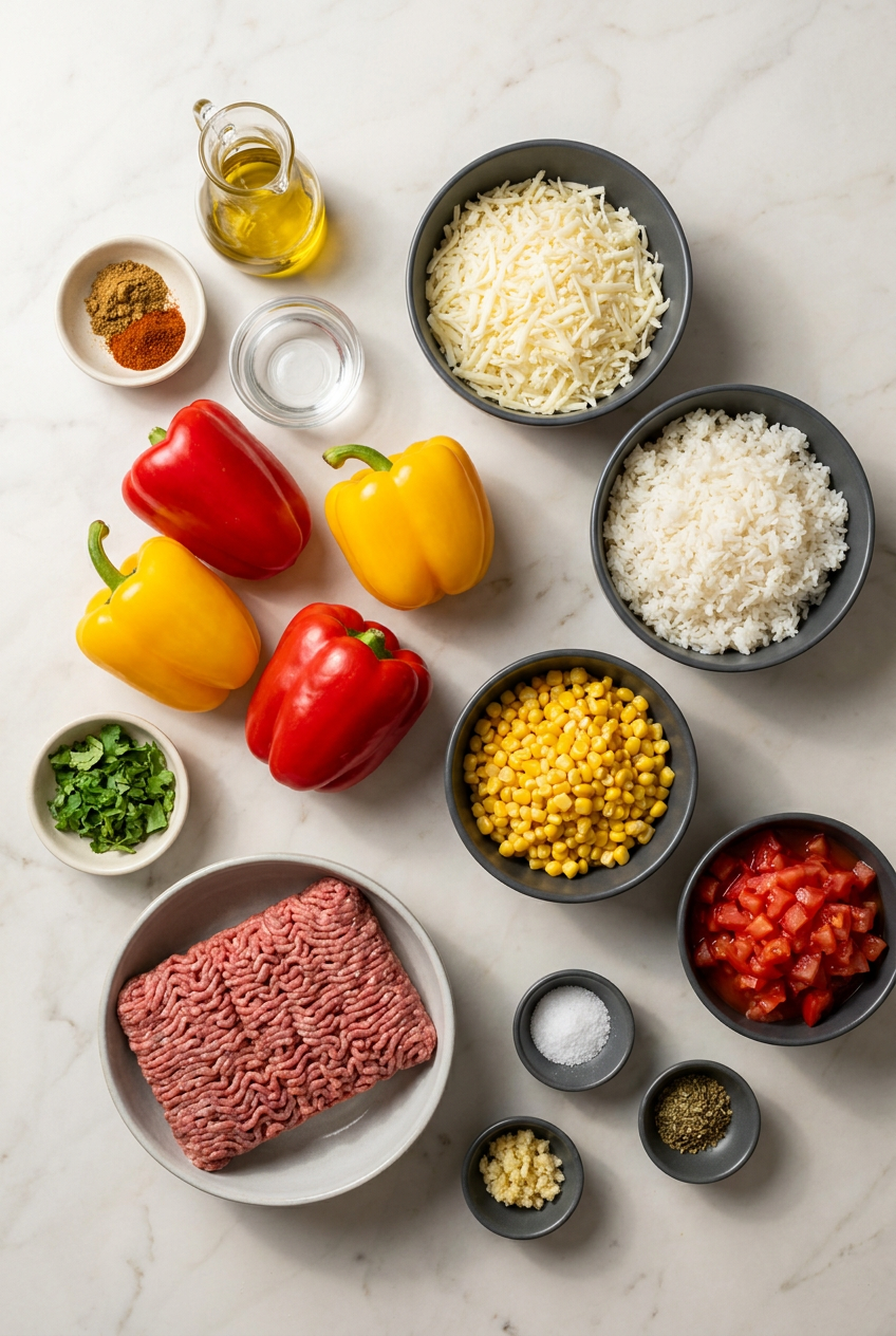 Overhead view of raw ingredients for high protein stuffed bell peppers, including colorful bell peppers, lean ground beef, onion, spices, and shredded cheese.