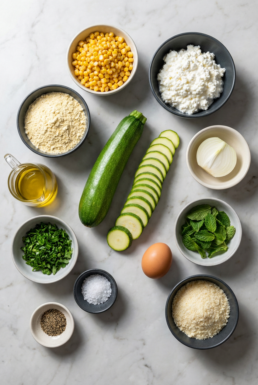 Top-down view of raw ingredients for high protein zucchini fritters, including grated zucchini, cottage cheese, lupin flour, and eggs.