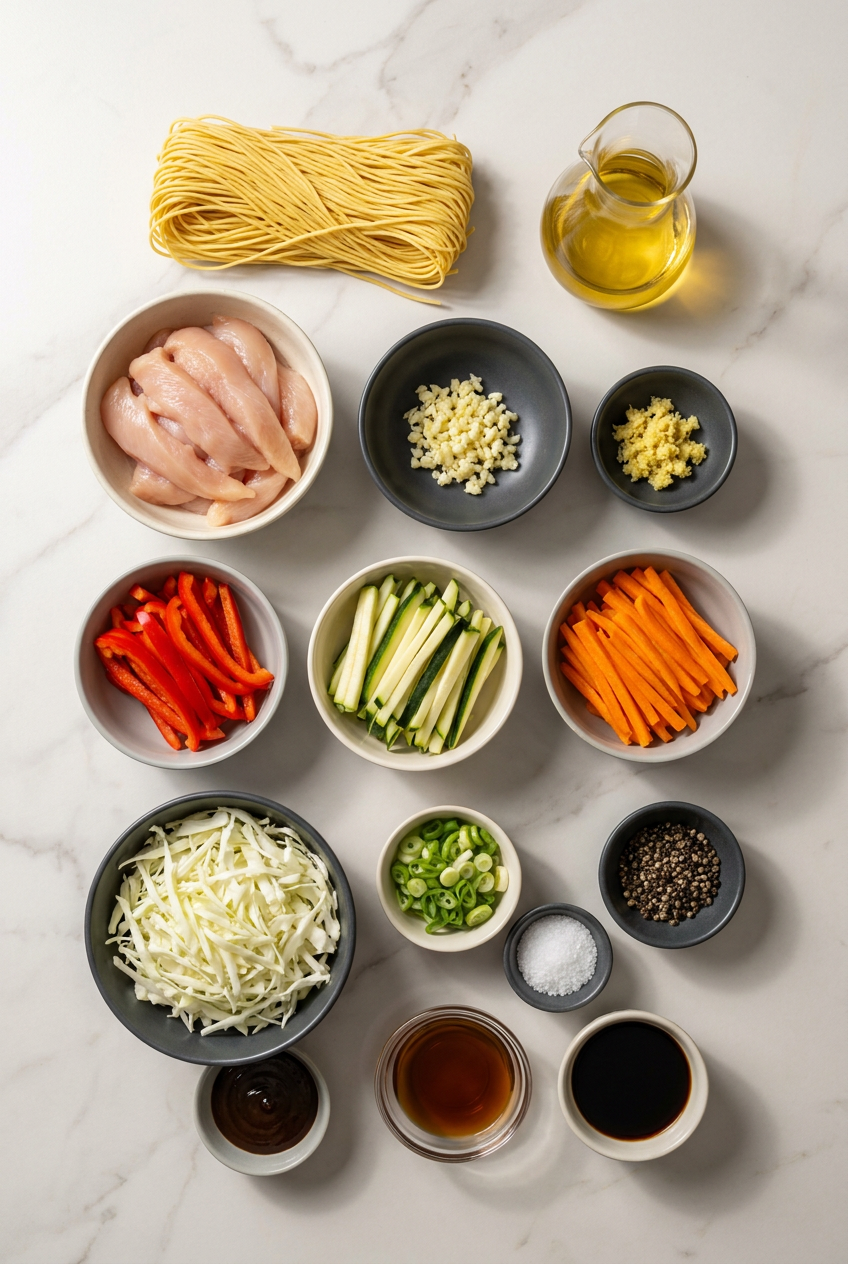 Ingredients for sticky hoisin garlic chicken noodles laid out, including raw chicken, egg noodles, hoisin sauce, soy sauce, and fresh garlic.