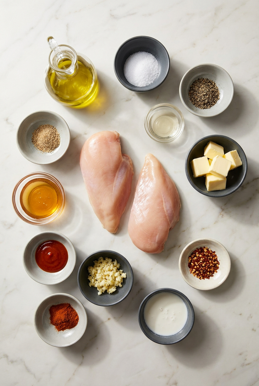 Ingredients for hot honey chicken and rice bowls laid out, including raw chicken breast, honey, sriracha, and fresh zucchini.