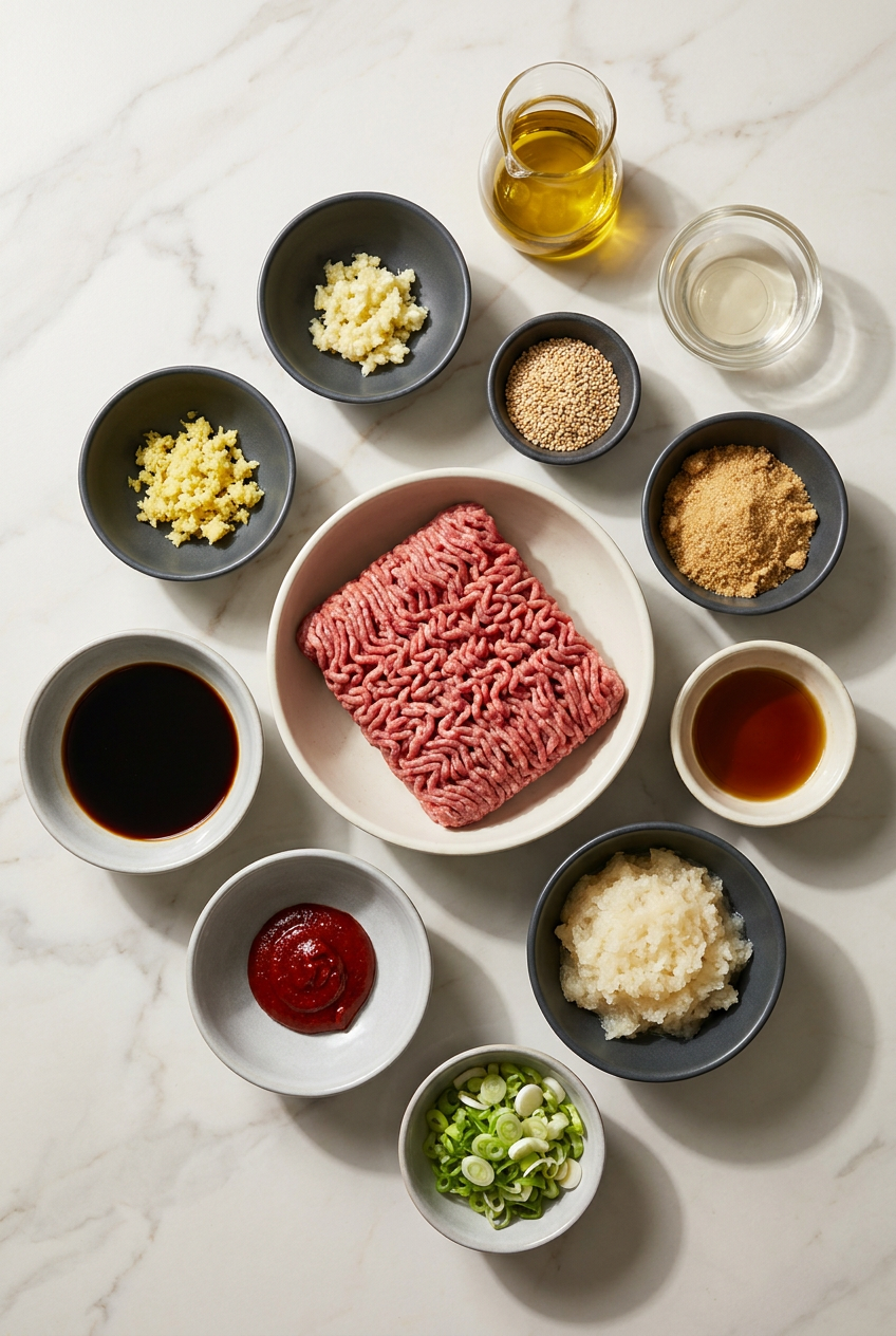 Ingredients for Korean ground beef and rice bowls laid out, including lean ground beef, an Asian pear, gochujang, soy sauce, and jasmine rice.