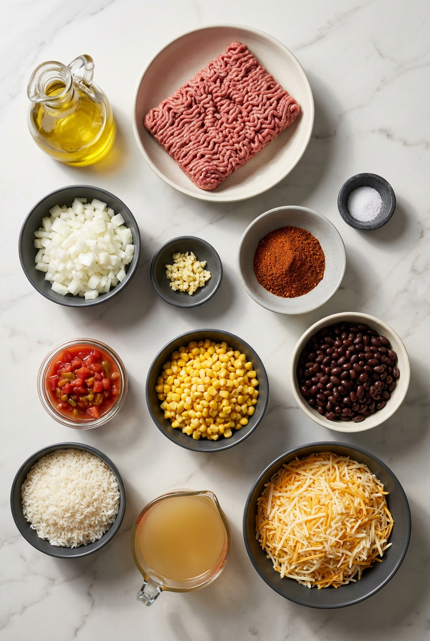 Ingredients for ground beef and rice skillet laid out, including raw ground beef, jasmine rice, a can of black beans, and taco seasoning.