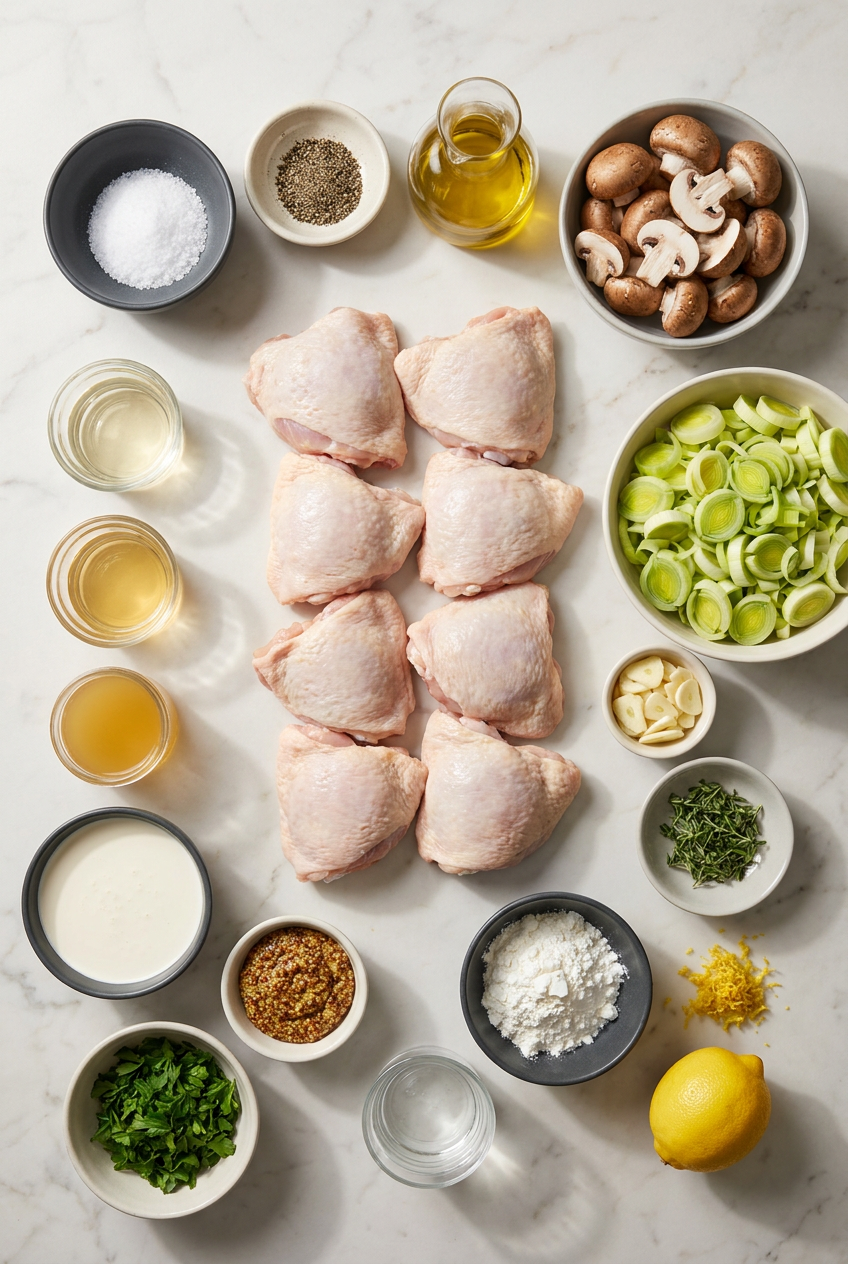 Raw ingredients for chicken and leeks arranged on a surface, including chicken thighs, sliced leeks, cremini mushrooms, and heavy cream.