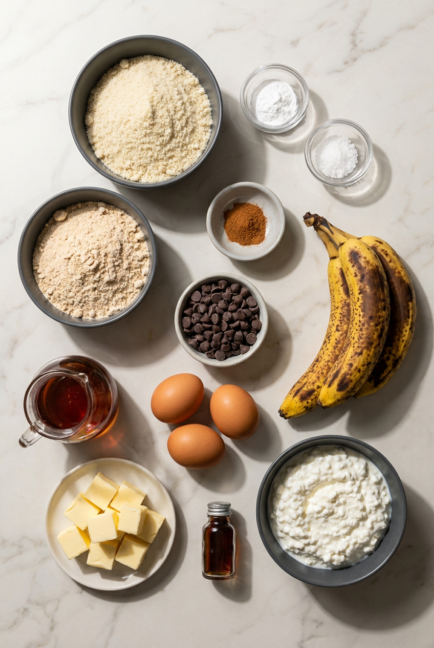 Ingredients for protein banana recipes laid out, including ripe bananas, almond flour, whey protein powder, and eggs.