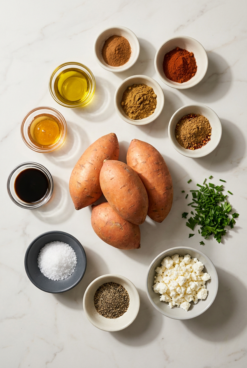 Flat lay of raw ingredients for roasted sweet potato rounds with honey feta, including sliced sweet potatoes, crumbled feta, honey, balsamic vinegar, and fresh herbs.