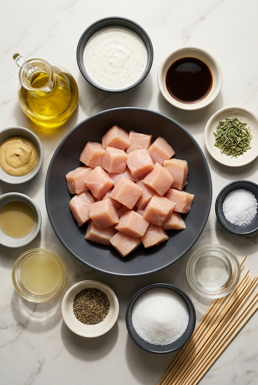Ingredients for rosemary ranch chicken kabobs laid out, including raw chicken pieces, fresh rosemary, ranch seasoning, and Dijon mustard.