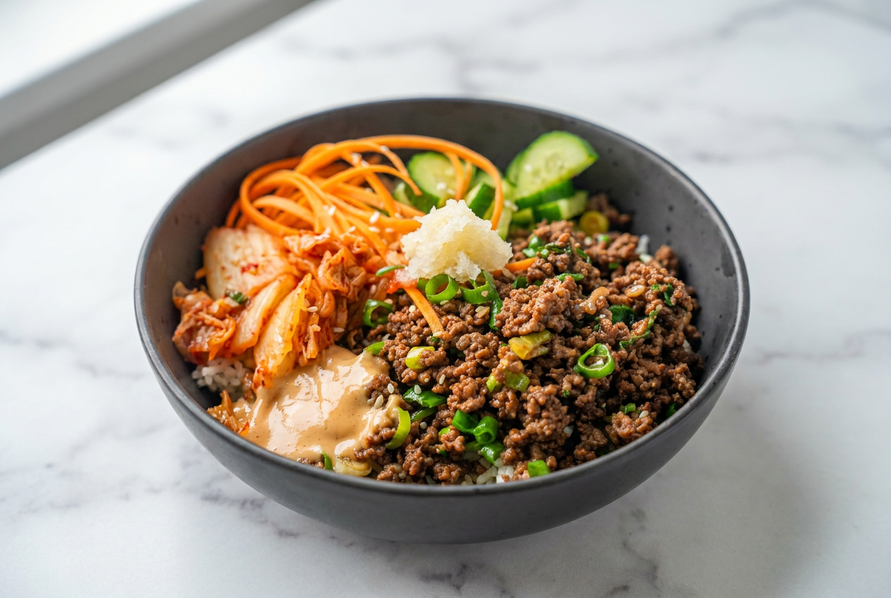 A Korean ground beef and rice bowl topped with fresh scallions, sesame seeds, and julienned carrots in a white bowl.