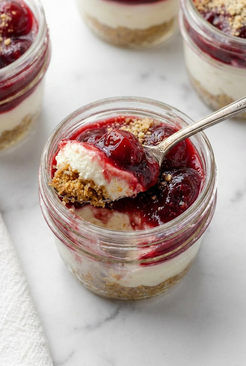 Inside a cherry cheesecake jar, showing distinct layers of golden-brown crust, smooth cream cheese filling, and vibrant cherry compote.