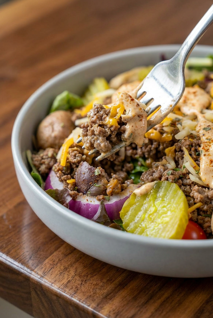 A close-up view of a high protein burger bowl, showing layers of seasoned ground beef, crisp lettuce, and generous drizzles of creamy special sauce.