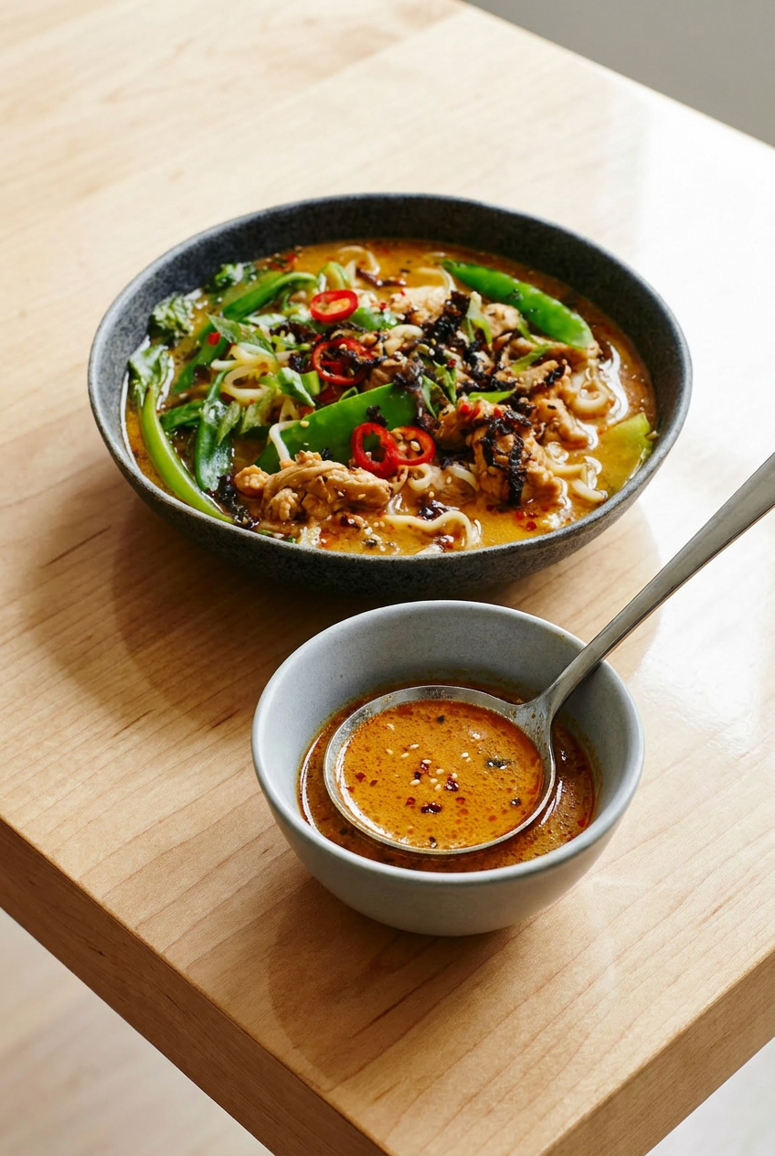 A hand holding chopsticks, lifting noodles and turkey mince from a bowl of tahini gochujang broth, with snow peas visible.