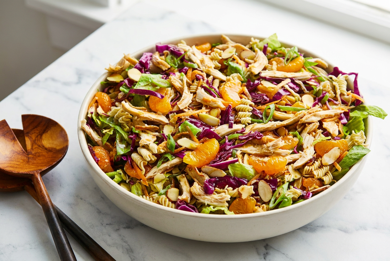 A large white bowl filled with mandarin chicken salad, featuring shredded chicken, romaine lettuce, bright orange mandarin segments, and a generous topping of crunchy toasted ramen noodles and sliced almonds.