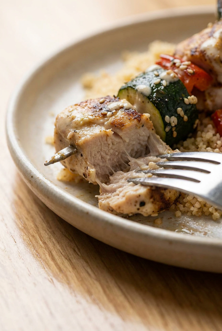 Cubes of raw chicken being mixed in a glass bowl with a creamy, pale tahini marinade.