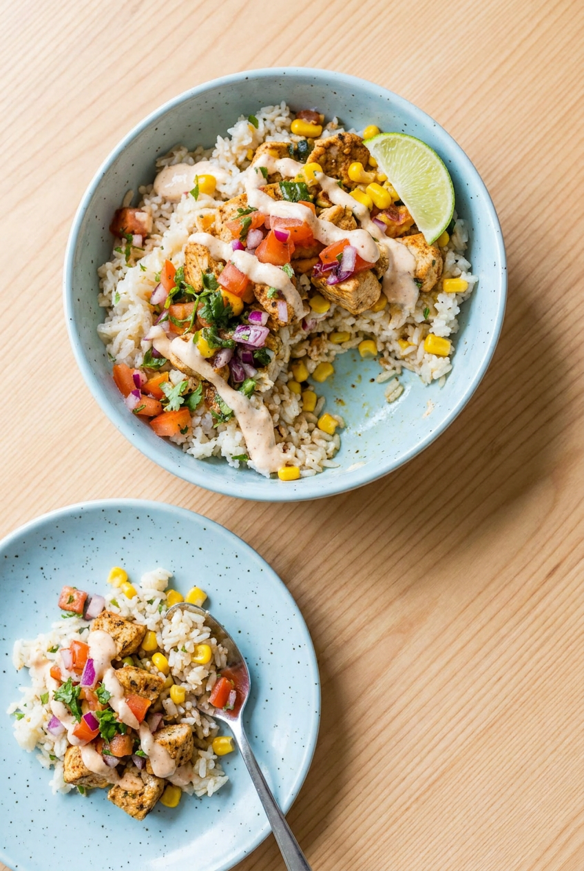 Healthy chicken taco bowls portioned into several glass meal prep containers with lids, ready for the week ahead.