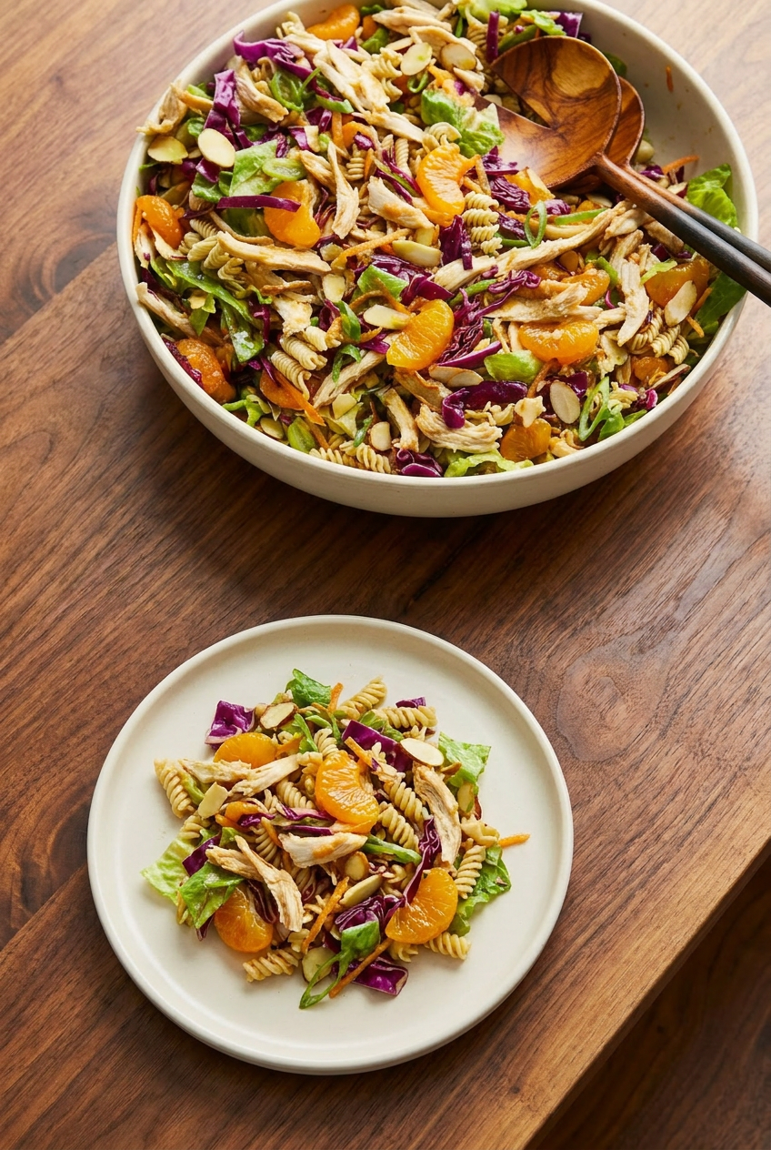 Mandarin chicken salad portioned into a rectangular glass meal prep container, with the toasted ramen noodle and almond topping held in a separate small container on the side to keep it crunchy.